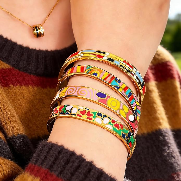 Enamel Bangle Set, 18K Gold Plated Stainless Steel, 4-Piece Bracelet Handcrafted Gorgeous Collection with Abstract and Floral Patterns, 6-7 Inch Wrist Size, Women's Fashion Jewelry