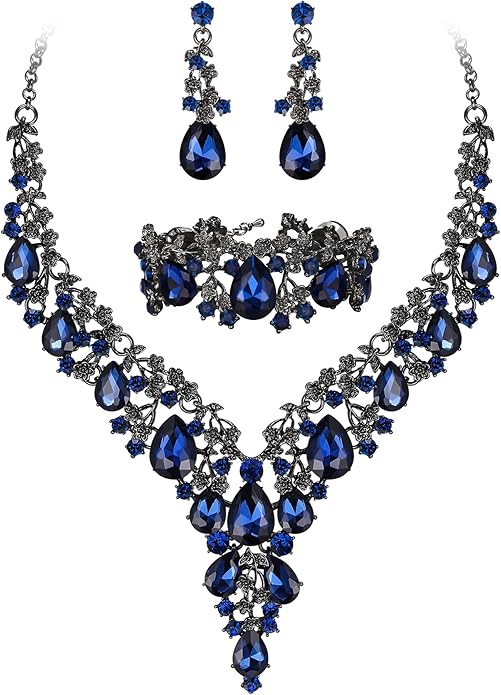 BriLove Women's Wedding Bridal Austrian Crystal Teardrop Flower Cluster Statement Necklace Dangle Earrings Jewelry Set for Party Prom