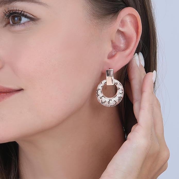 Rose Gold Hoop Earrings for Women, 925 Silver-Plated Thickened Hypoallergenic Earrings, CZ Black Gemstone-Inlaid Earrings - Women's Fashion Jewelry