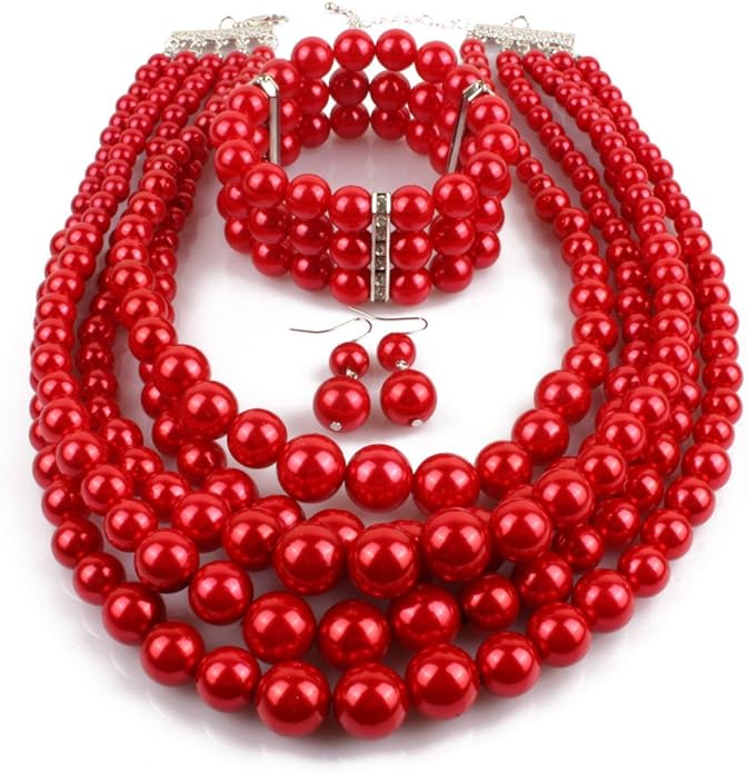 Exaggerated Imitation pearl multi-layer Necklace+bracelet+earring Large pearl necklace Wedding jewelry set for Women's and girls gifts（Multicolor optional）