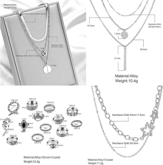 73 Pcs Gold Jewelry Set with 6Pcs Layered Necklace, 11 Pcs anklet and 7Pcs Earring Ear Cuff,12Hoop Earrings ,15pcs Rings,21pcs stud earrings Jewerly set for Women Pack for Friendship Party Gift