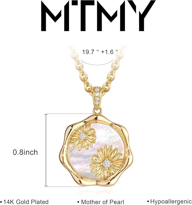 MTMY Birth Flower Necklace 14K Gold Plated Mother of Pearl Disc Birth Month Flower Pendant Necklaces for Women Personalized Custom Floral Jewelry Birthday Gift