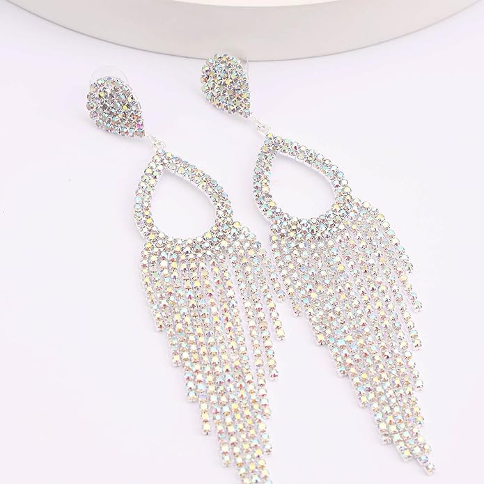 Rhinestone Teardrop with Long Tassel Earrings Sparkly Dangle Earrings for Women