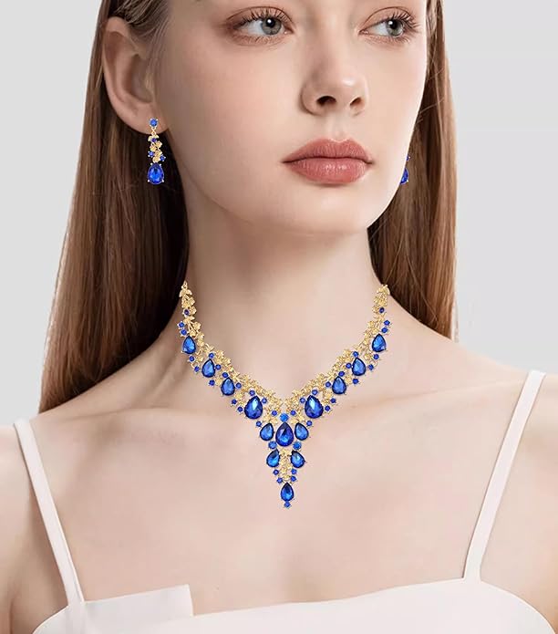 CSY Elegant Crystal Costume Jewelry Sets Flower Bridal Necklace Earrings Stretch Bangle Set for Bride Bridesmaid Wedding Dress Accessories