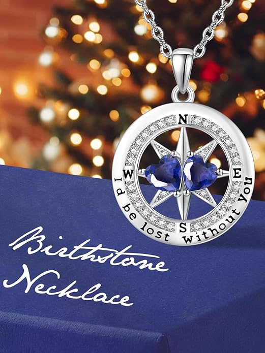 Compass Necklace for Women, Exquisite S925 Valentines Day Anniversary Birthday Gifts for Wife Her Double Birthstone Pendant Jewelry ‘I'd be Lost Without You’