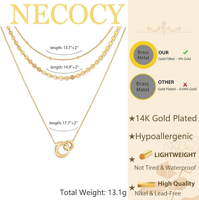 NECOCY Valentine's Day Gift 14k Gold/Silver Plated Layered Gold Necklaces for Women, 3Pcs Dainty Herringbone Choker Set, Trendy Stack Simple Chain Layering Pendant Jewelry