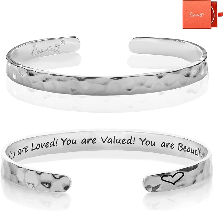 Carviell Engraved Cuff Bracelets for Women – Inspirational, Friendship, Love, Mom, Daughter, Sister, Christian, Graduation, Memorial & Wedding Gifts – 80+ Phrases – Stainless Steel, Gift-Ready