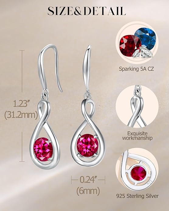 FANCIME Valentines Day Gift Dangle Drop Earrings 925 Sterling Silver Dainty Infinity Round Gemstone Birthstone Jewelry Birthday Gifts for Her Women