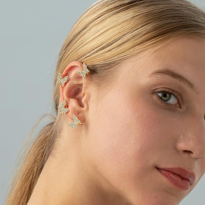 2PCS Butterfly Ear Cuffs Climber Wrap Around Earrings for Women Fairy No Piercing Ear Clip Gold Silver Jewelry Gift
