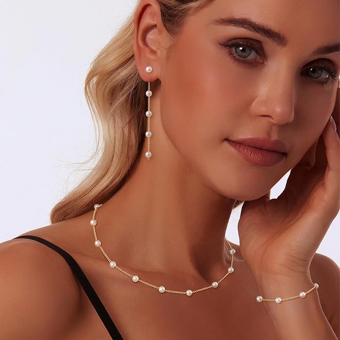 Gold Jewelry Set for Women - Dainty 14K Gold Plated Pearl Necklace and Earring Set with Drop Earrings, Bracelets, Choker Necklace - Wedding Jewelry Gift
