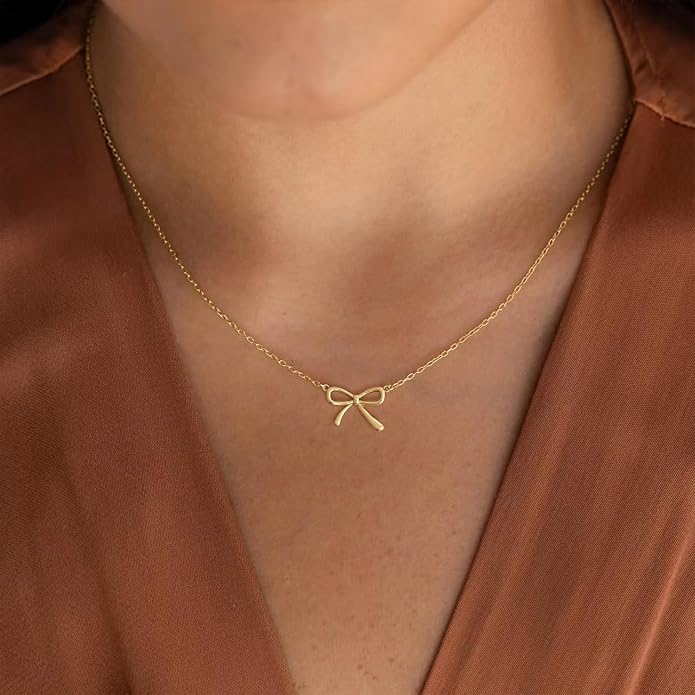 Valentines Day Gifts for Her - Dainty Bow Necklace for Women 14K Gold Plated Cute Choker Small Pendant Charm Necklaces Teen Gift Trendy Stuff Personalized Jewelry