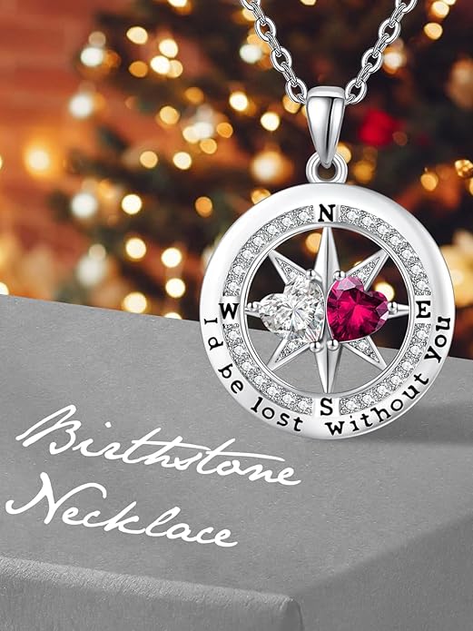 Compass Necklace for Women, Exquisite S925 Valentines Day Anniversary Birthday Gifts for Wife Her Double Birthstone Pendant Jewelry ‘I'd be Lost Without You’