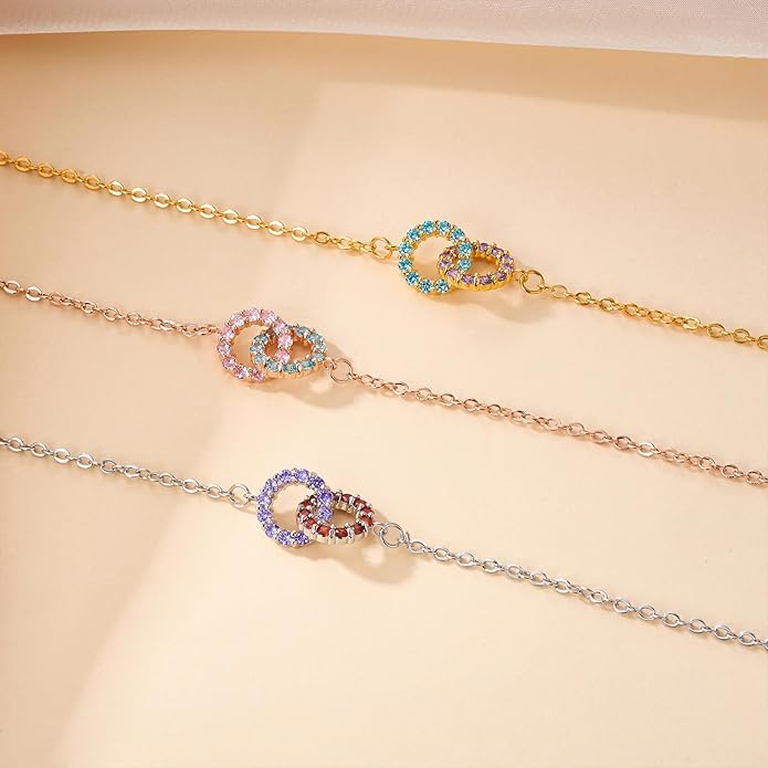 Custom Birthstone Bracelet for Women Sterling Silver Personalized Interlocking 2 Circles Charm Bracelets for Lover Christmas Valentine's Day Jewelry Gifts for BFF
