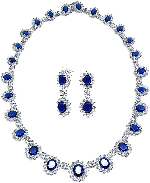 Elegant Vintage Estate-Inspired Bridal Jewelry Set - 5 CTW Oval Crown Halo Statement Necklace & Chandelier Earrings with AAA Cubic Zirconia CZ Simulated Gemstones, Silver Plated, for Women