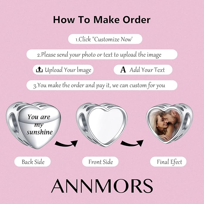 Annmors Personalized Photo Charms For Bracelets/Necklace 925 Sterling Silver Love Heart Shaped Engraved Customize Picture Gift for Birthday Mother's Day,Bead Charms Jewelry for Women