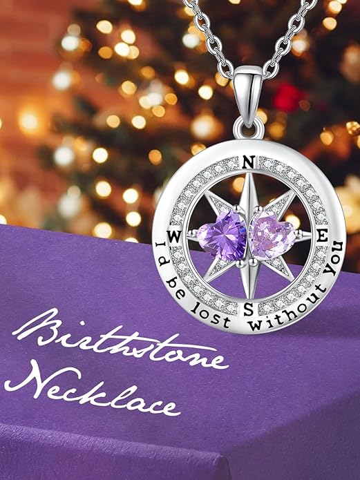 Compass Necklace for Women, Exquisite S925 Valentines Day Anniversary Birthday Gifts for Wife Her Double Birthstone Pendant Jewelry ‘I'd be Lost Without You’
