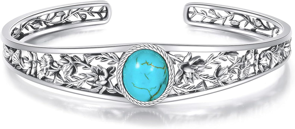 Genuine Turquoise Cuff Bracelet for Women, Sterling Silver Western Vintage Floral Bangle Native American Jewelry, For 6.5-7.5 Inch Wrists
