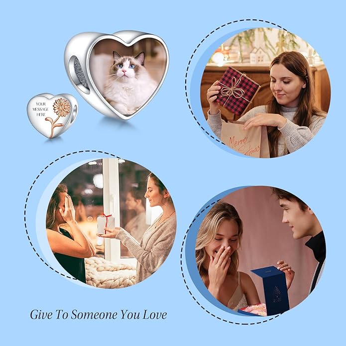 Annmors Personalized Photo Charm for Bracelet Necklaces,925 Sterling Silver Charm Love Heart Shaped Engraved Customize Picture Gift for Birthday Mother's Day Christmas,Bead Charms Jewelry for Women