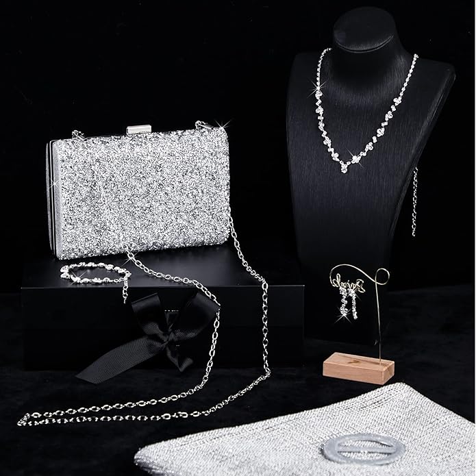 Hicarer 5 Pcs Dressy Jewelry Sets, Silver Shawls and Wraps, Clutch Purse for Homecoming Prom Evening Women Formal