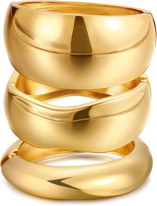 Chunky Gold Bangle Bracelets for Women, Dainty 14k Gold Plated Big Stackable Bangles Set, Trendy Statement Cuff Bracelet Stack Fashion Jewelry Christmas Gifts