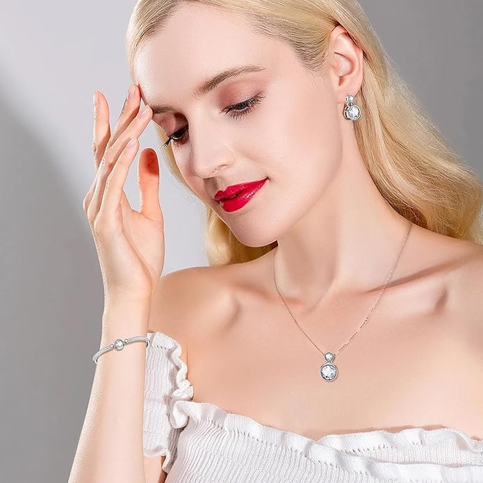 Ocean’s Promise Women Pendant Necklace Bracelet and Earring Jewelry Set 18K White Gold Plated with Crystal Gift for Women