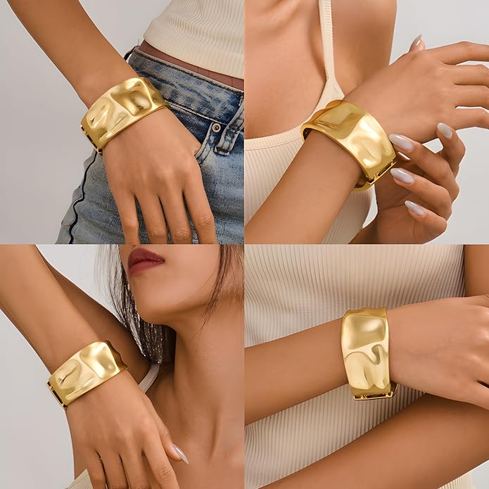 Statement Golden Matte Bracelet for women Minimalist Chunky Brushed Bangle Bracelet Vintage Thick Wide Cuff bracelet Gold Plated Open Cuff Geometric Bracelet