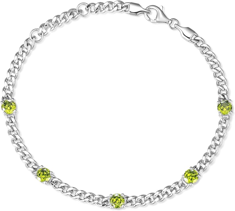 FANCIME 925 Sterling Silver 3.6mm Cuban Link Curb Chain Bracelet With Created Gemstone for Women Men Unisex