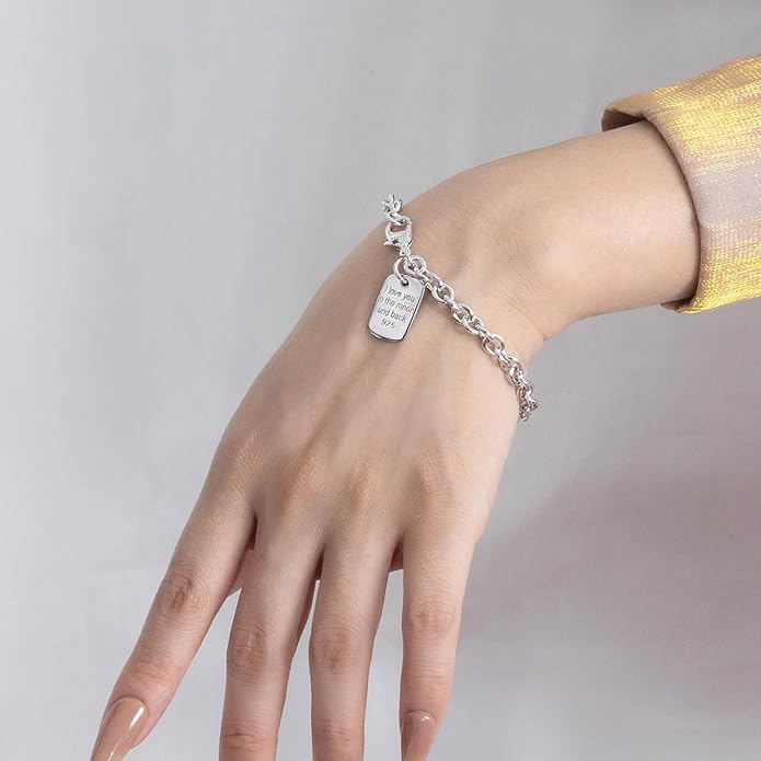 Dankadi Women 925 Sterling Silver Round Cable Wire Link Bracelet Charm Heart-Bell-Square-Circle Pendant Chain Bangle Fine Jewelry Gift For Wife Her
