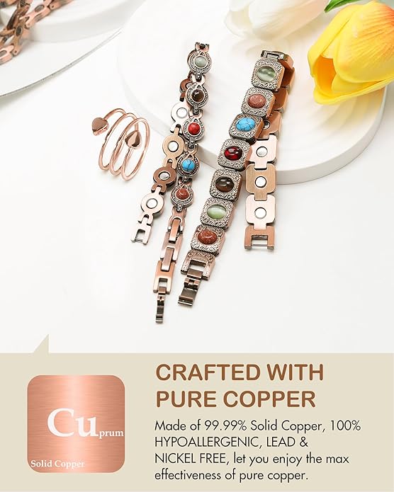 Feraco Pure Copper Bracelets & Rings for Women, Ultra Strength Magnetic Bracelet with 3800 Gauss Magnets & Natural Turquoise & Stones, Adjustable, Jewelry Gift