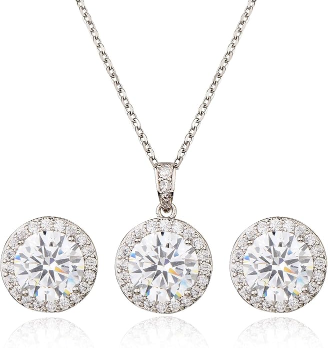 Bridal Crystal Jewelry Set - Sterling Silver Round Cubic Zirconia CZ Rhinestone Halo Birthstone Pendant Necklace Stud Earrings Set for Wedding Bride Bridesmaids Birthday Gift