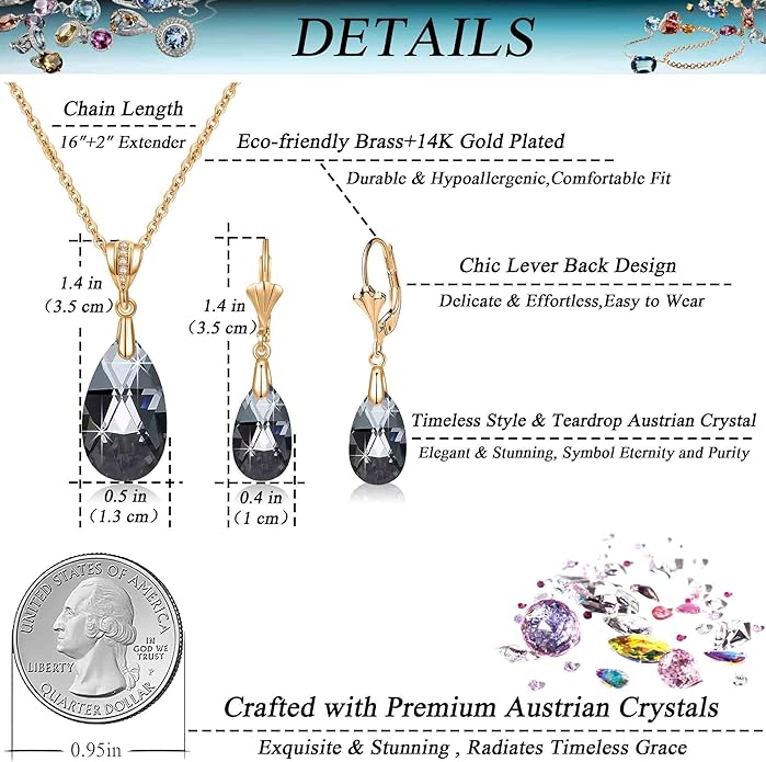 EVEVIC Austrian Crystals Teardrop Pendant Necklace Earrings for Women 14K Gold Plated Hypoallergenic Leverback Drop Dangle Earrings Jewelry Set