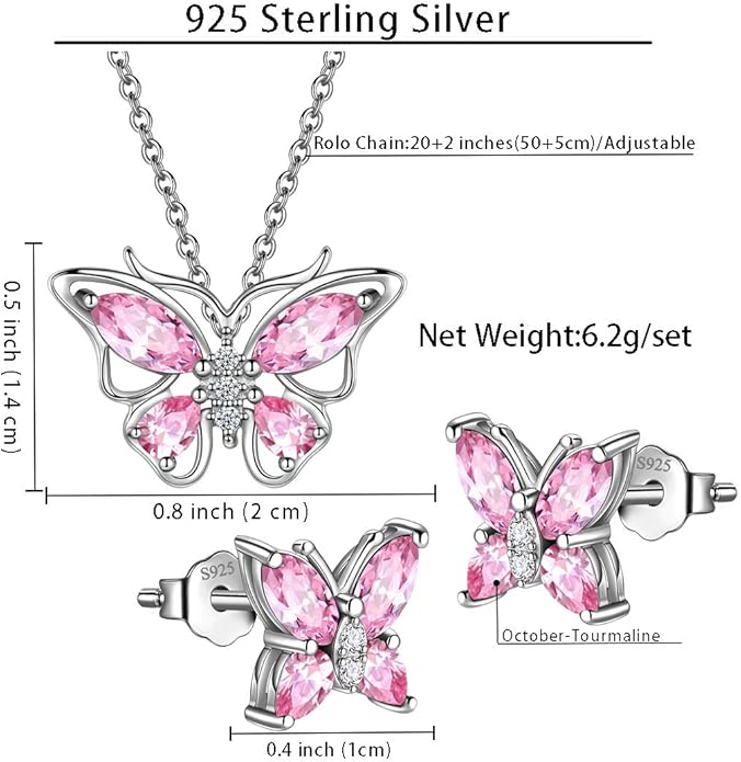 925 Sterling Silver Birthstone Butterfly Jewelry Women Crystal Animal Cute Butterflies Birthday Necklace/Earring/Ring/Bracelet Sets Birth Stone Statement Anniversary Jewellery