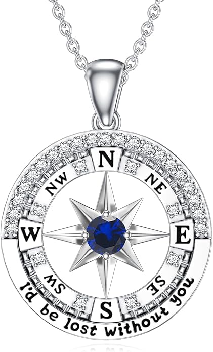 Compass Birthstone Necklace Gift for 2025 Graduation 925 Sterling Silver Compass ‘I'd be Lost Without You’ Pendant Necklaces Jewelry for Women Her Wife Gift for Birthday Anniversary