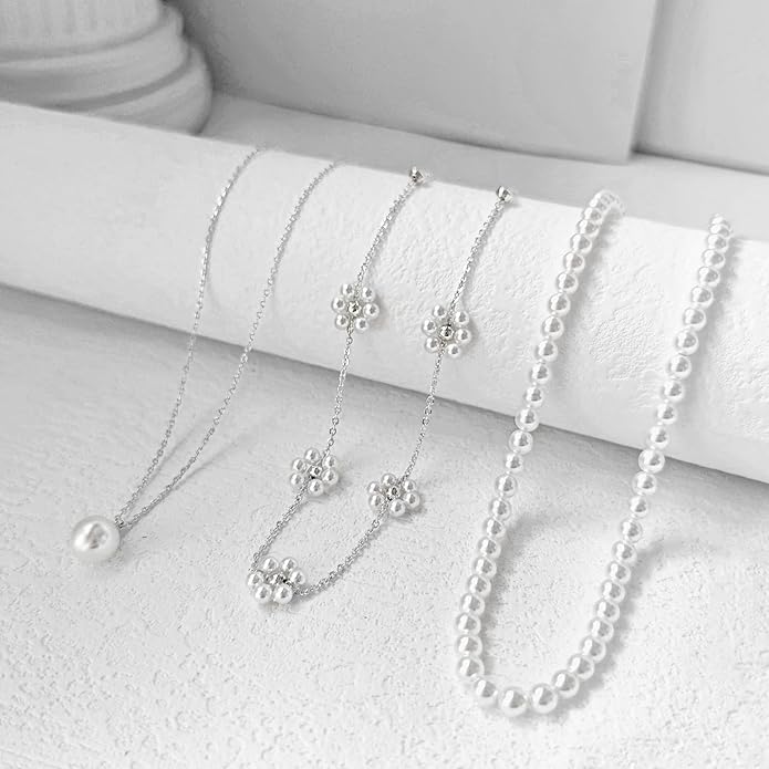 Zeffy Gold Pearl Necklace for Women, Dainty 14K Gold/Silve Plated Layered Pearl Choker Pearl Earrings Pearl Bracelets Wedding Trendy Gold Jewelry Set for Women Gifts