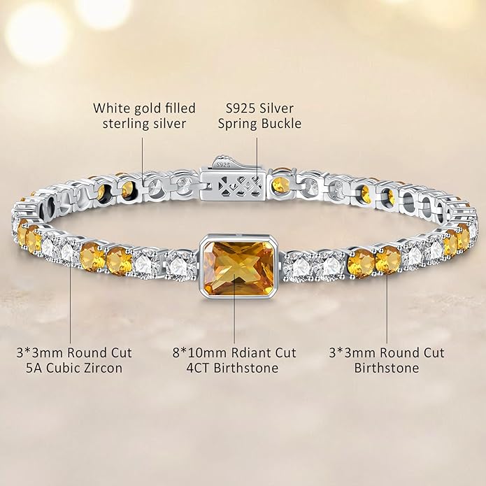 Birthstone Bracelets for Women Birthday Gifts 4CT Radiant Cut Birthstone 4mm Sterling Silver White Gold Tennis Bracelets for Women Round Cut 5A Cubic Zirconia Bezel Setting 7 Inch