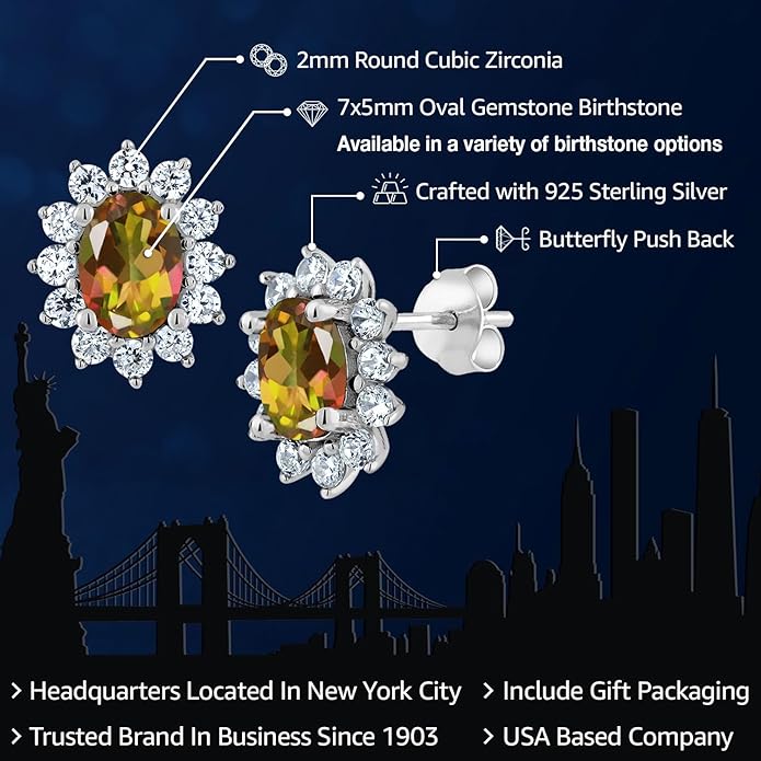 Gem Stone King 7X5MM Oval Gemstone Birthstone Stud Earrings For Women | Princess Diana Royal Halo Style | 925 Sterling Silver | Fine Jewelry Gifts for Anniversary Wedding Her Mom Women Wife