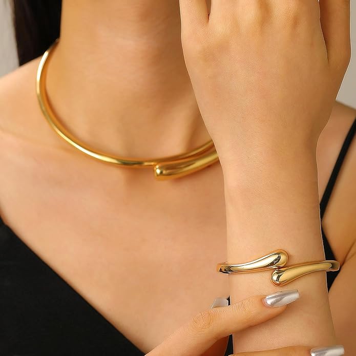 Eioi & Lmnm Gold Bangle Bracelets for Women, Chunky Gold Cuff Bracelet, Hinged Waterdrop Bangle, Statement Bracelet, Trendy Jewelry for Women