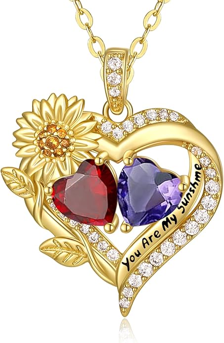 Sunflower Heart Necklace for Women 14K Gold Exquisite Valentines Day Anniversary Birthday Gifts for Wife Mother Her Double Birthstone Pendant Jewelry‘You Are My Sunshine’