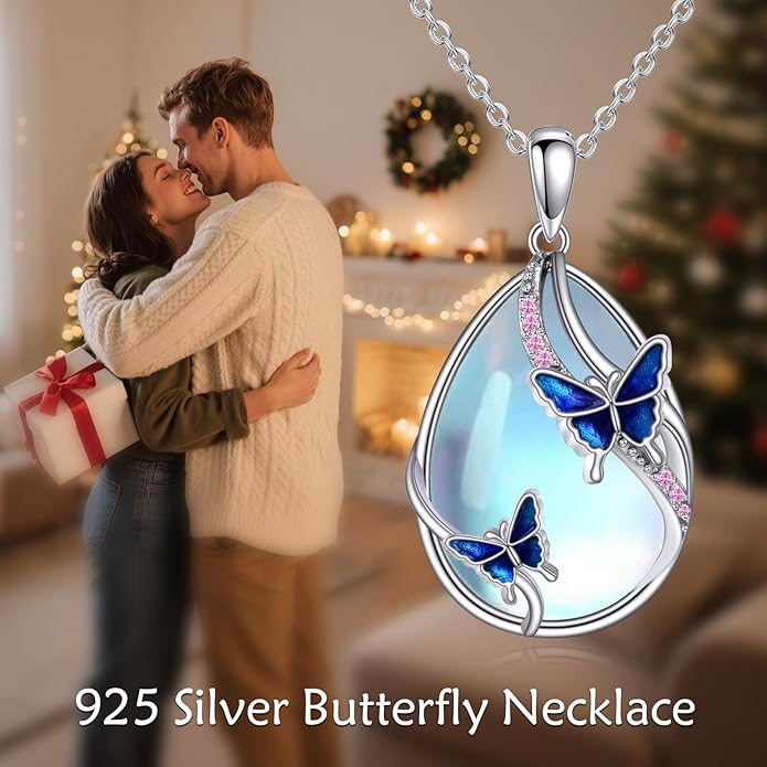 KQF Dragonfly/Butterlfy/Cat/Jellyfish/Bunny/Axolotl/Bee/Mermaid/Hummingbird/Elephant Necklace for Women Sterling Silver Moonstone Pendant Necklace Dragonfly Jewelry Gifts for Women