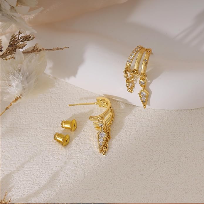 Dangle Earrings For Women,Dainty 14K Gold Plated Hypoallergenic Small Triple Huggie Hoop Earring Gothic Cute Cross Moon Star Drop Earrings For Women Trendy Gold Statement Stud Earring Jewelry