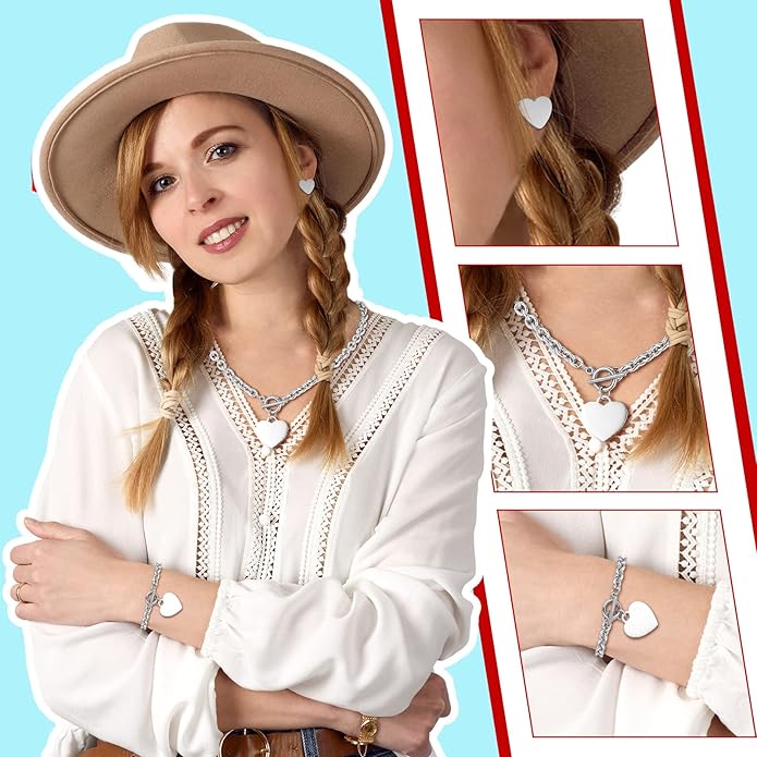 Bucherry 3 Pcs Heart Jewelry Set Bow Snowflake Jewelry Heart Pendant Chain Toggle Necklace with Bracelet Earrings Snowflake Stainless Steel Link Chain for Women Gift