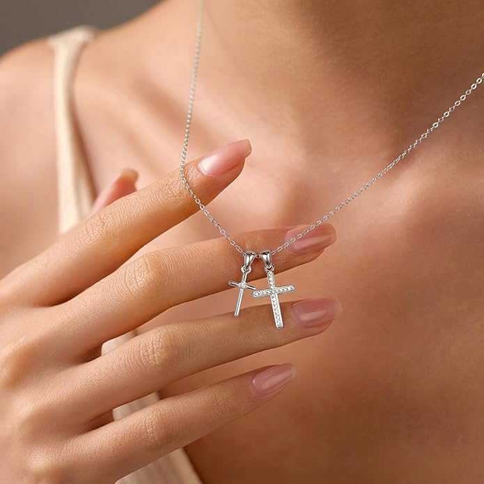 LOVECOM Valentines Gifts S925 Sterling Silver Heart Necklace for Women Dainty 14k Gold Plated CZ Infinity Double Cross Star Pendant Choker Necklaces Trendy Bead Chain Jewelry Gifts for Mom Daughter