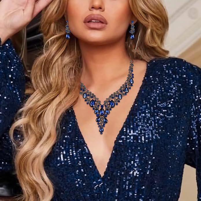BriLove Women's Wedding Bridal Austrian Crystal Teardrop Flower Cluster Statement Necklace Dangle Earrings Jewelry Set for Party Prom