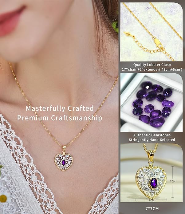 Raneecoco Natural Gemstone Necklace for Women 18K Gold Plated Sterling Silver Two-Tone Tree of Life & Love Heart Pendant Jewelry | Dainty Birthstone Gift For Her Mother Wife