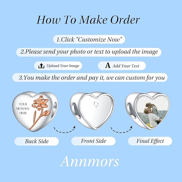 Annmors Personalized Photo Charm for Bracelet Necklaces,925 Sterling Silver Charm Love Heart Shaped Engraved Customize Picture Gift for Birthday Mother's Day Christmas,Bead Charms Jewelry for Women
