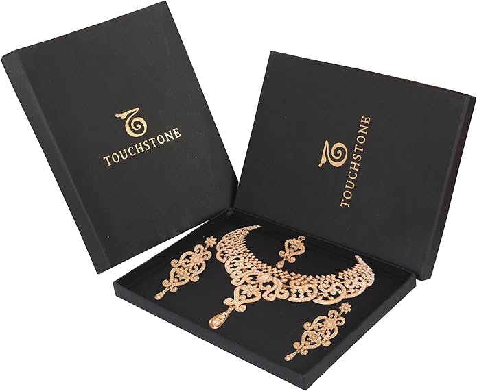 Touchstone Indian jewelry set for women bollywood gold jewellery wedding outfits necklace sets earrings bridal maang tikka fancy costume girls big desi accessories rhinestone in gold or silver tone