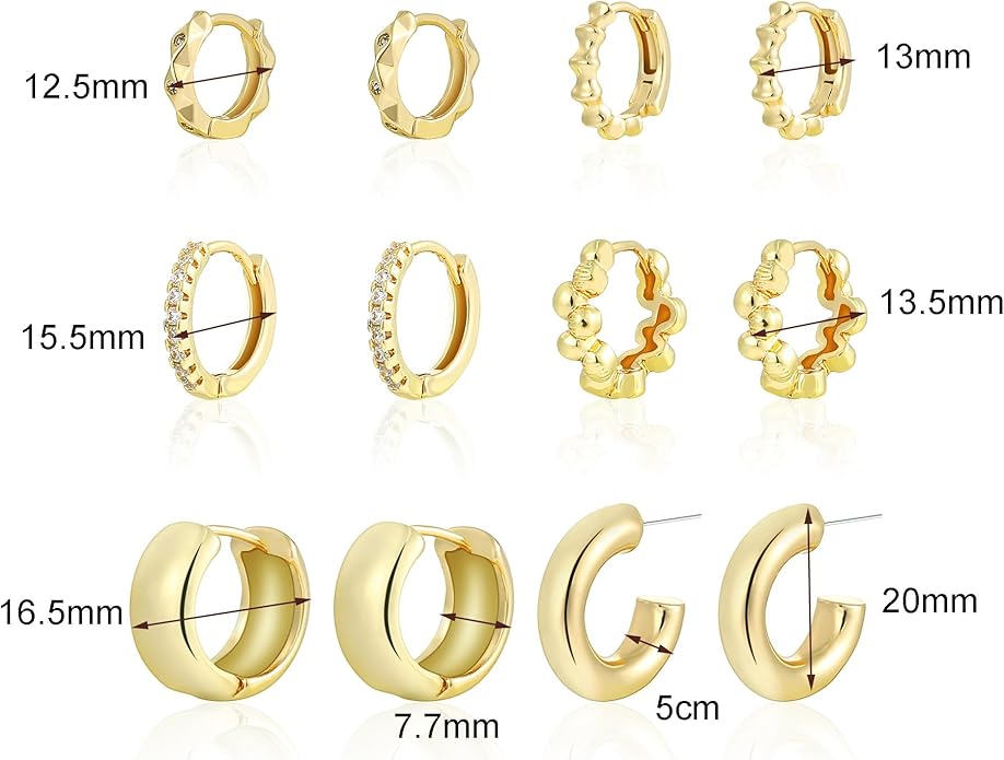 6 Pairs Gold Hoop Earrings Set for Women, 14K Gold Plated Small Huggie Hoops Earrings Hypoallergenic, Lightweight Tiny Cartilage Piercings Earrings Jewelry for Women Gifts.
