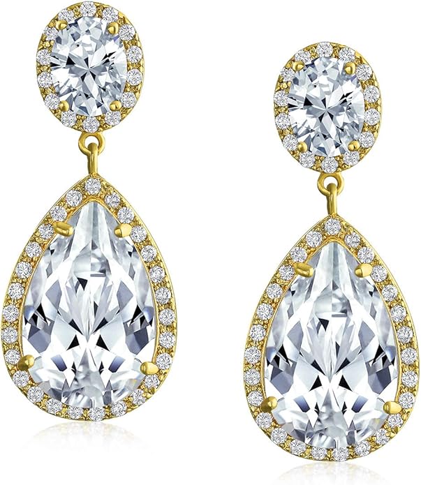 Vintage Style Bridal Cubic Zirconia Simulated Gemstone AAA CZ Halo Dangle Teardrop Chandelier Clip On Earrings For Women Silver Rose Gold Plated in Black Purple Blue Red Rose Pink Green Clear