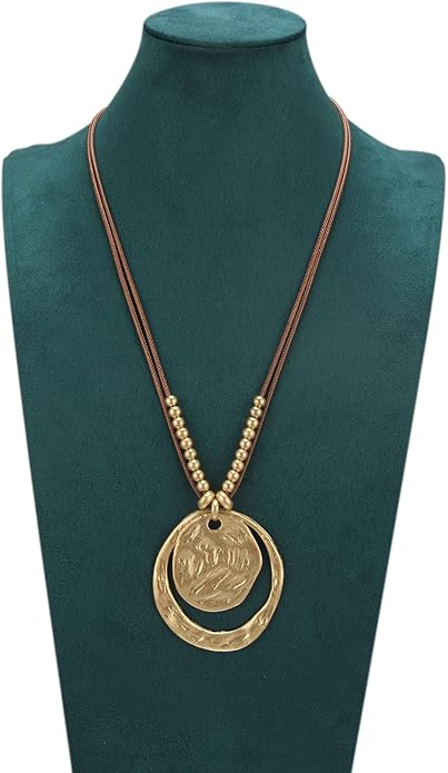 Boho Leather Necklace Women Bohemian Brown Circle Pendant Necklace Choker Long Necklaces for Women Boho Ring Large Pendant