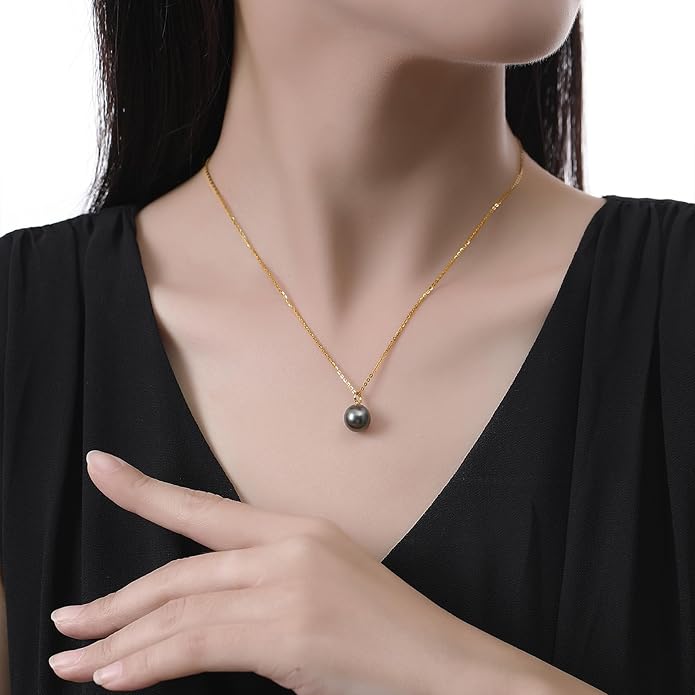 VIKI LYNN Tahitian Black Pearl Necklace for Women 9-10mm Cultured Pearl Pendant 925 Sterling Silver Chain 18K Gold Clasp Christmas Wedding Birthday Anniversary Mothers Day Gifts for Wife Mom Her